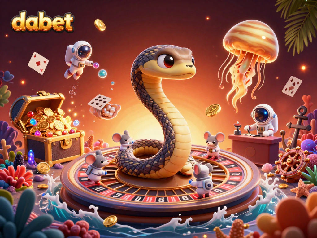 dabet offers a thrilling cosmic casino experience with astronaut mice betting on a roulette wheel.