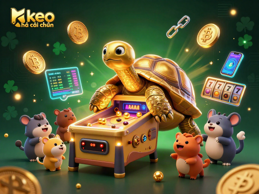 Engage with keo nhà cái chuẩn through a dynamic casino scene featuring a golden tortoise and crypto elements.