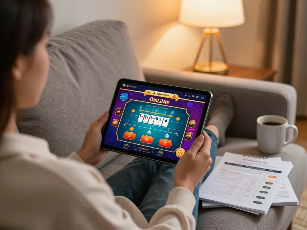 Engaged player using 789f platform on a tablet for online casino gaming in a cozy home setting.