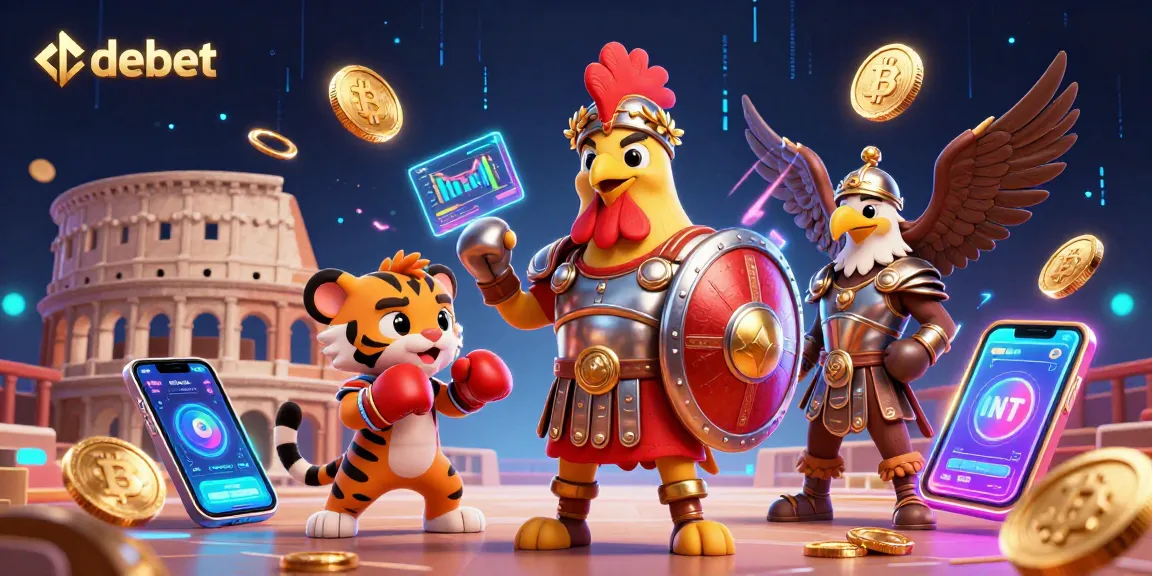 Engage with debet's thrilling betting experience featuring 3D gladiator rooster and tiger cub in a vibrant arena.