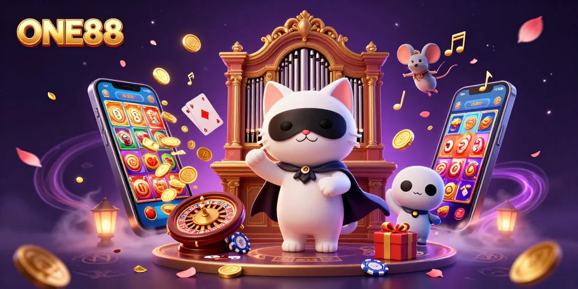 Experience thrills with ONE88 at a dynamic casino scene full of colorful slots and magical elements.