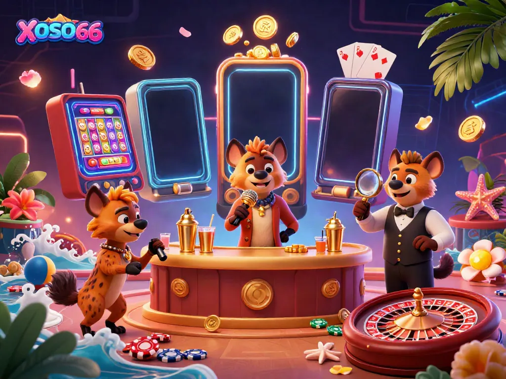 XOSO66 displays a vibrant casino scene with hyenas engaging in various roles amidst dynamic gambling elements.