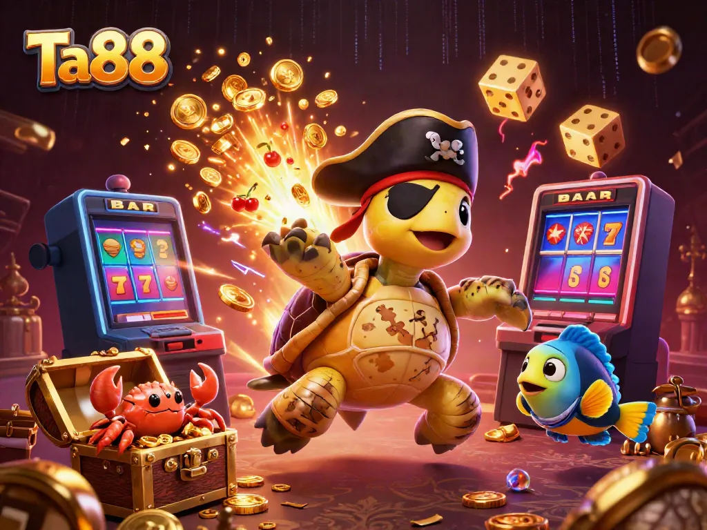 Engage with Ta88's thrilling gaming experience featuring a pirate turtle, crab, and fish among jackpot treasures.