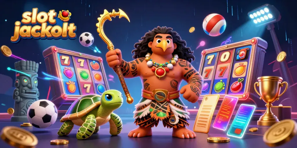 Engage with the thrilling slot jackpot action in an artistic casino scene featuring vibrant characters and dynamic elements.