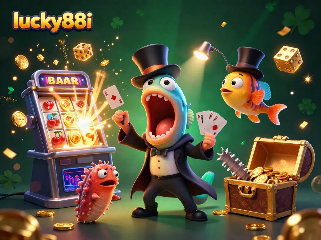Experience the thrill at lucky88i with vibrant casino elements and lively characters in a magical underwater scene.
