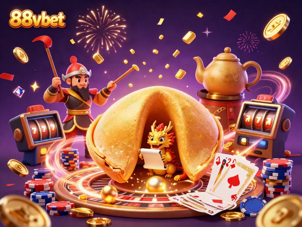 Experience excitement at 88vbet with golden coins, a wise dragon, and festive casino elements.