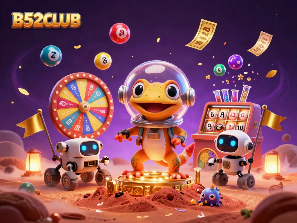B52CLUB cartoon scene of a Martian gecko discovering a golden casino with lottery elements and festive details.