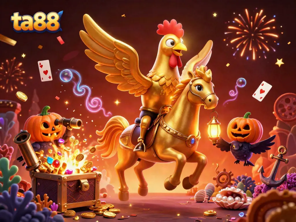 Experience the excitement of ta88 with a golden rooster in a lively midnight casino scene.