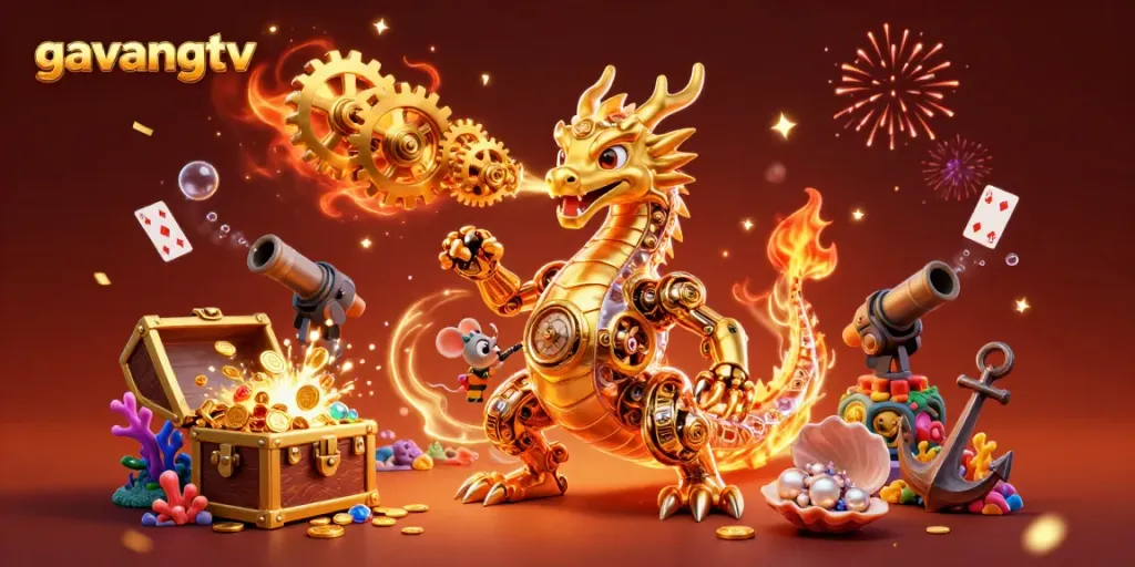 Experience thrilling gaming adventures with gavangtv's dynamic 3D illustration of a biomechanical dragon.