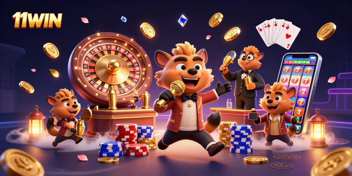 Experience 11WIN excitement with a vibrant casino scene featuring hyenas in action.