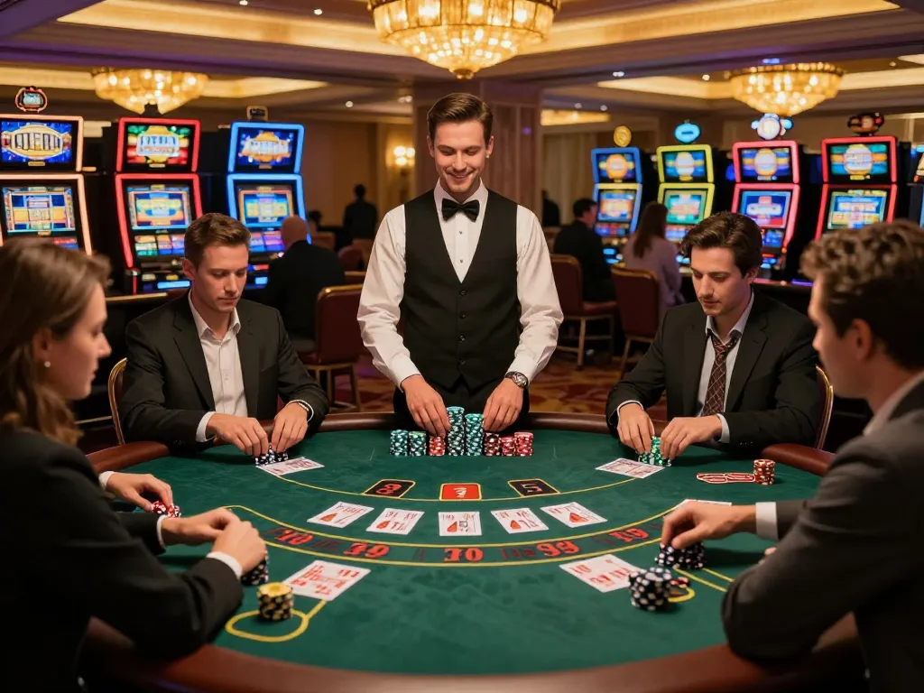 Play blackjack at Trang chủ LLwin with dealers and excited players in a luxurious casino setting.