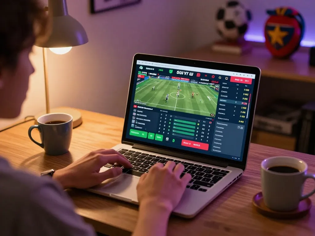 Engaging scene of live betting on kèo nhà cái hôm nay, showcasing dynamic sports statistics on a laptop screen.
