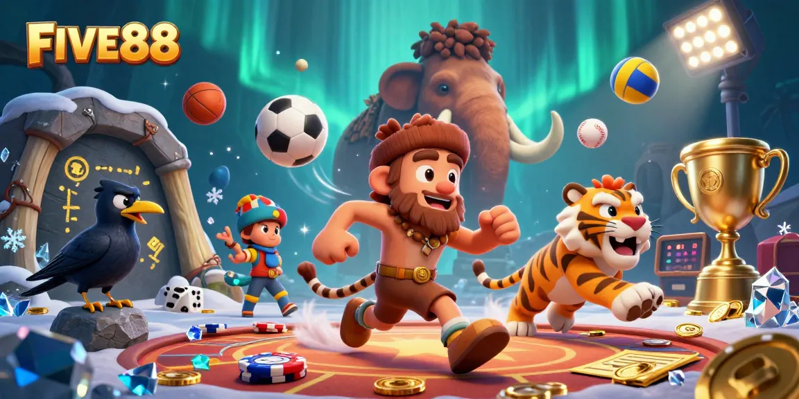 FIVE88 features a caveman and sabertooth duo in a vibrant prehistoric casino, showcasing energetic gameplay.