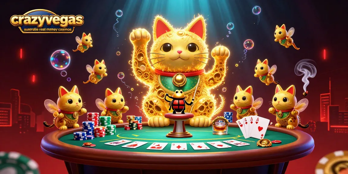 Experience excitement at crazyvegas australia real money casinos with golden fireflies representing luck and casino symbols.