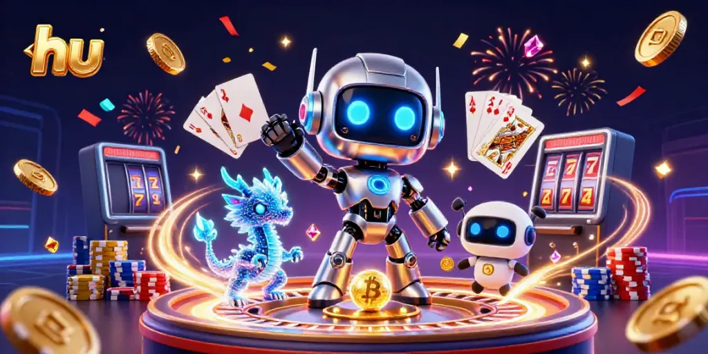 Spin and win with the exciting casino scene featuring the brand "hu" and vibrant elements.