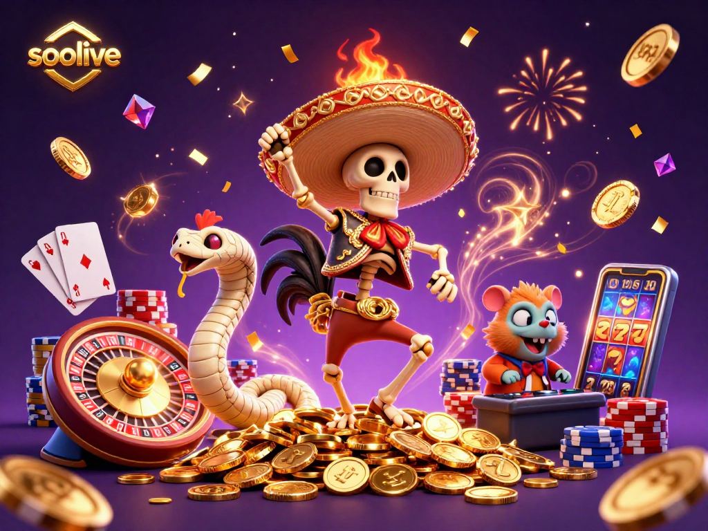Socolive brings excitement to the casino with a vibrant 3D scene of animated characters celebrating wins.
