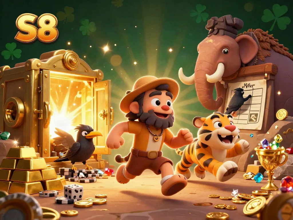Experience thrilling gameplay with S8's vibrant prehistoric casino, featuring colorful characters and treasures.