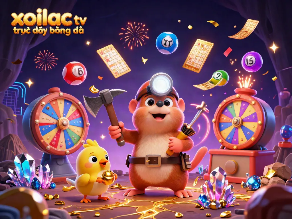 Xoilac TV trực tiếp bóng đá illustration of a treasure hunter mole mining gold with vibrant game elements