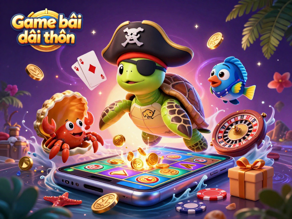 Play thrilling Game bài đổi thưởng featuring colorful slot games and lively ocean characters navigating treasure.