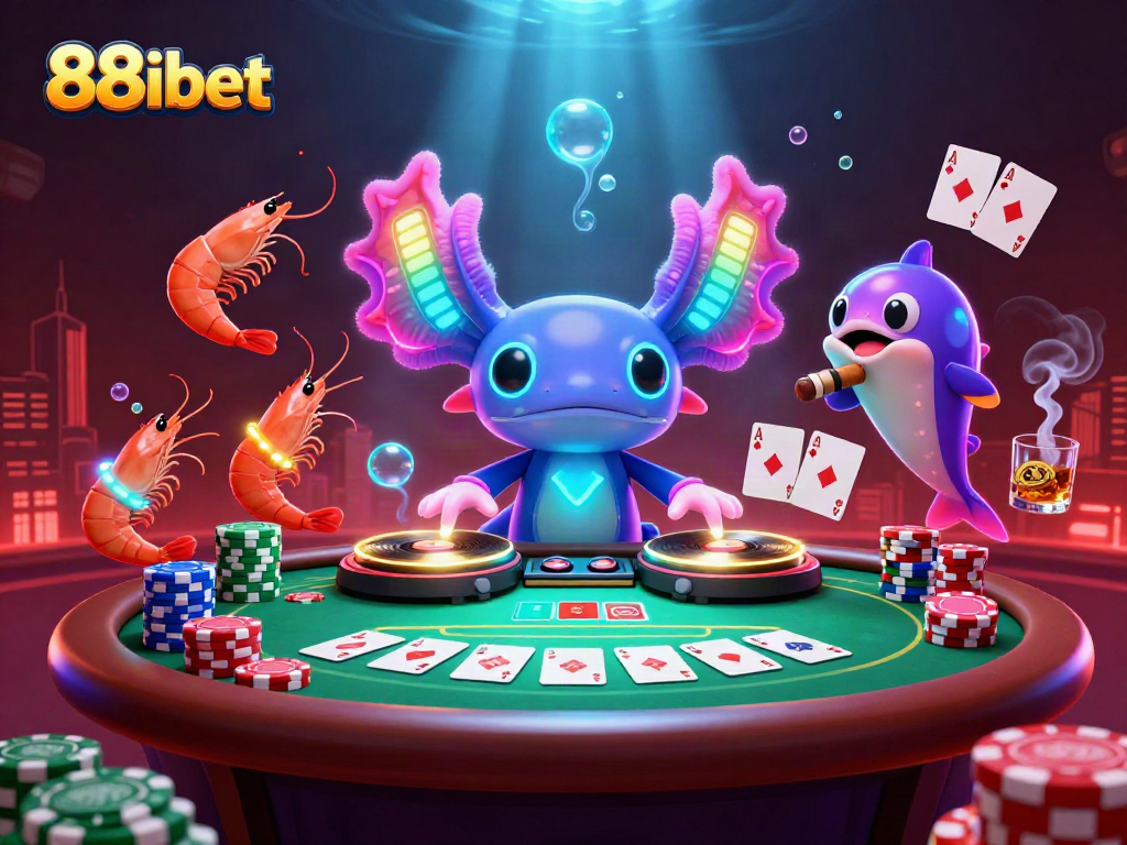 Experience the vibrant energy of 88ibet with a neon axolotl DJ and lively casino atmosphere.
