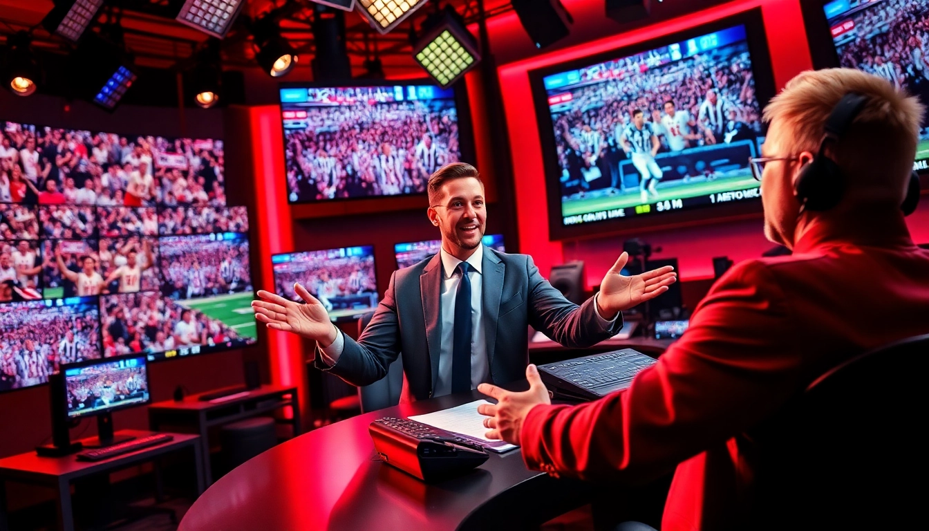 Engaging view of sports broadcasting with announcer and vibrant screens showing live sports events.