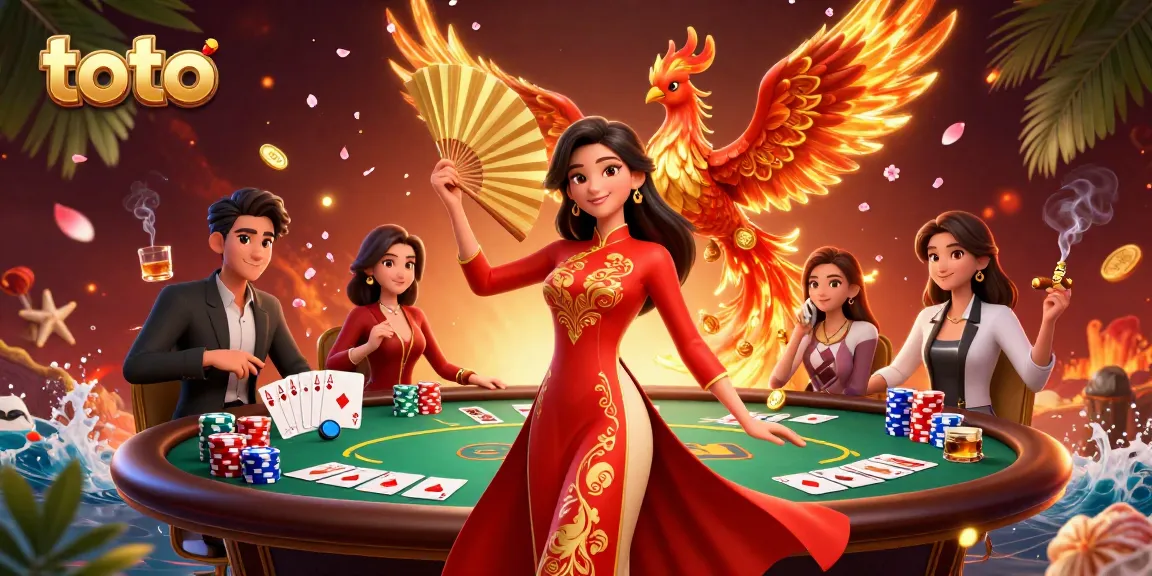 Toto-themed 3D illustration showcasing vibrant poker scene with a woman and phoenix.