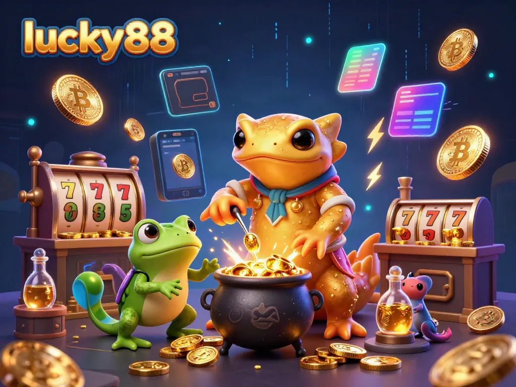 Experience the magic of lucky88 as a golden salamander turns metals into coins amidst vibrant slot elements.
