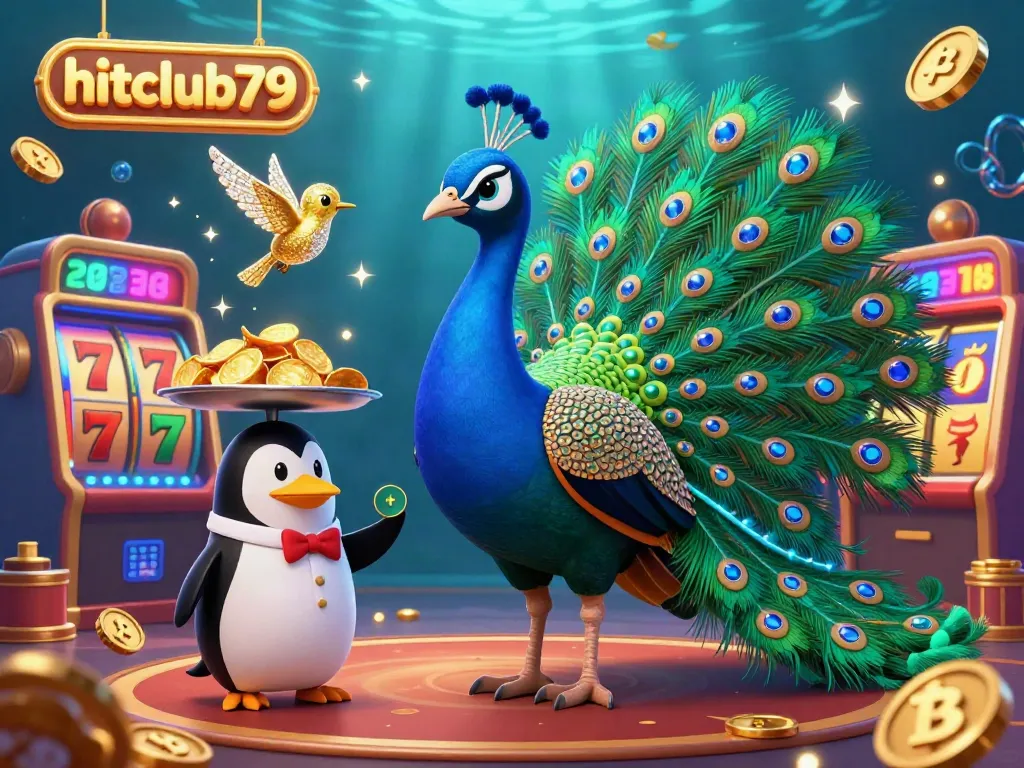 Experience thrilling gameplay at hitclub79 with colorful slot reels, a peacock, a penguin, and a hummingbird in a vibrant casino.
