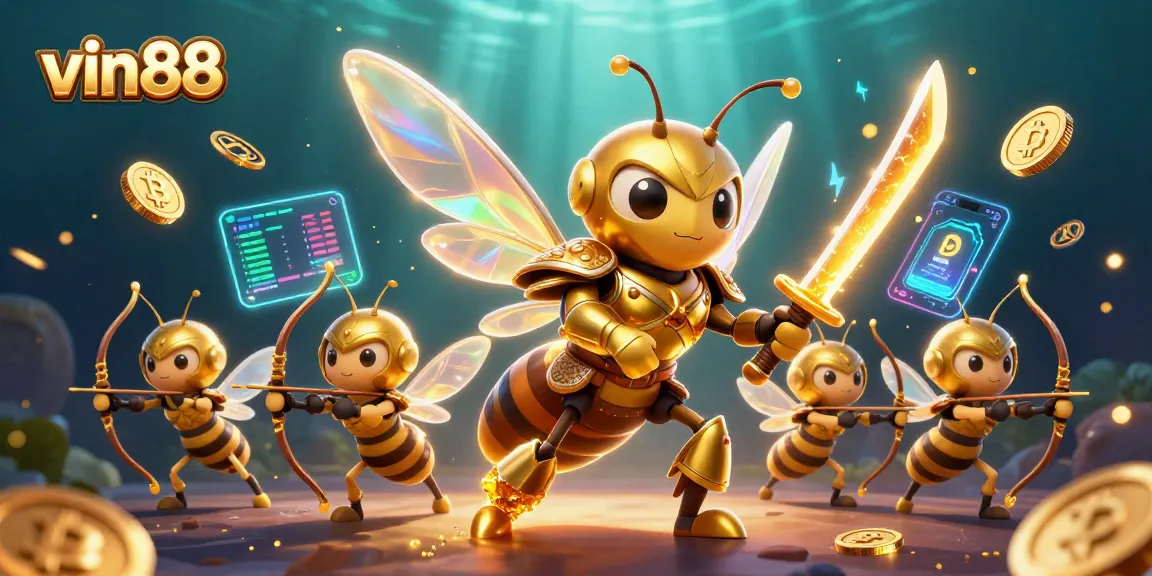 Experience thrilling action at vin88 with a vibrant illustration of a golden hornet and bee archers in a captivating casino scene.