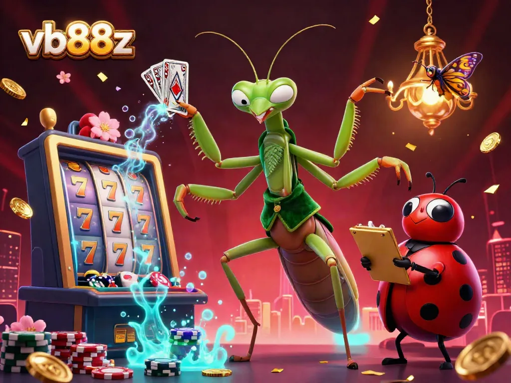 Experience the vibrant atmosphere of vb88z with a lively casino scene featuring a giant praying mantis and ladybug in action.