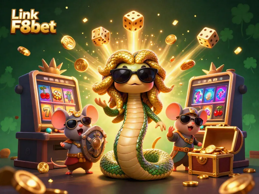 Play thrilling games at Link F8bet featuring Medusa and a warrior mouse amid bursts of casino excitement.