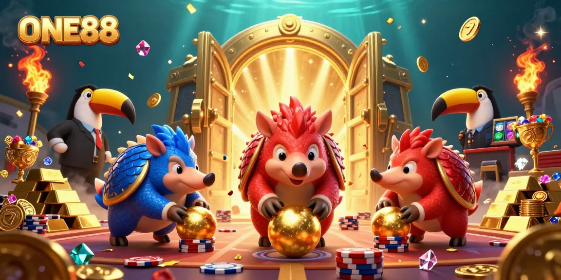 Engage in thrilling gameplay at ONE88 featuring vibrant pangolin characters and stunning casino elements.