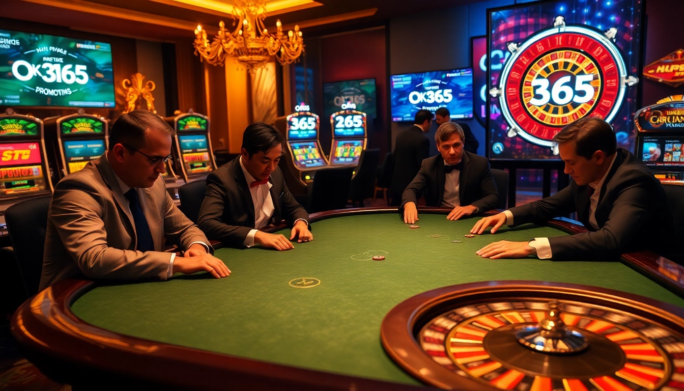 Engaged players at an OK 365 poker table, surrounded by vibrant casino elements.