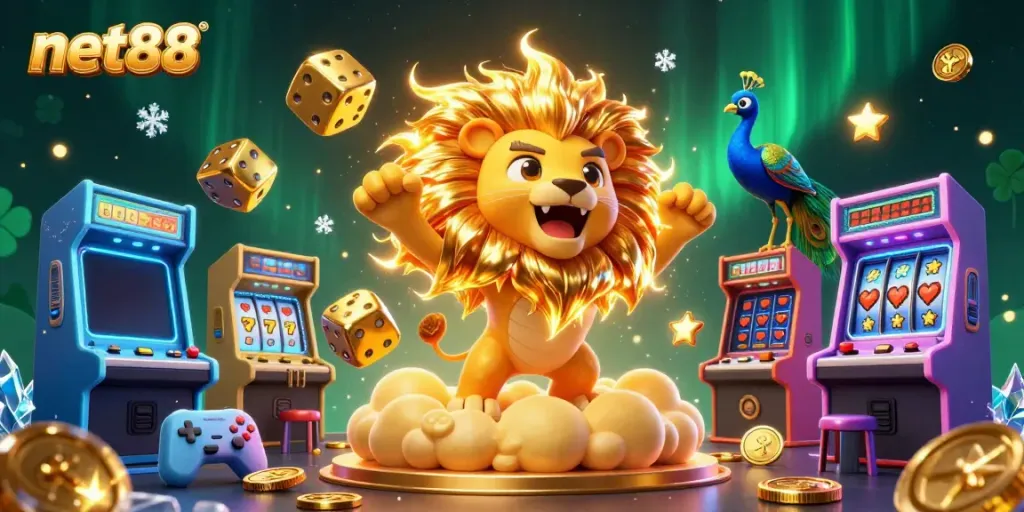 Experience thrilling gameplay at net88 with a dynamic scene of a lion, dice, and casino elements.