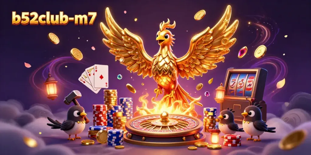 Experience the excitement of b52club-m7 with a golden phoenix and vibrant casino elements swirling around.