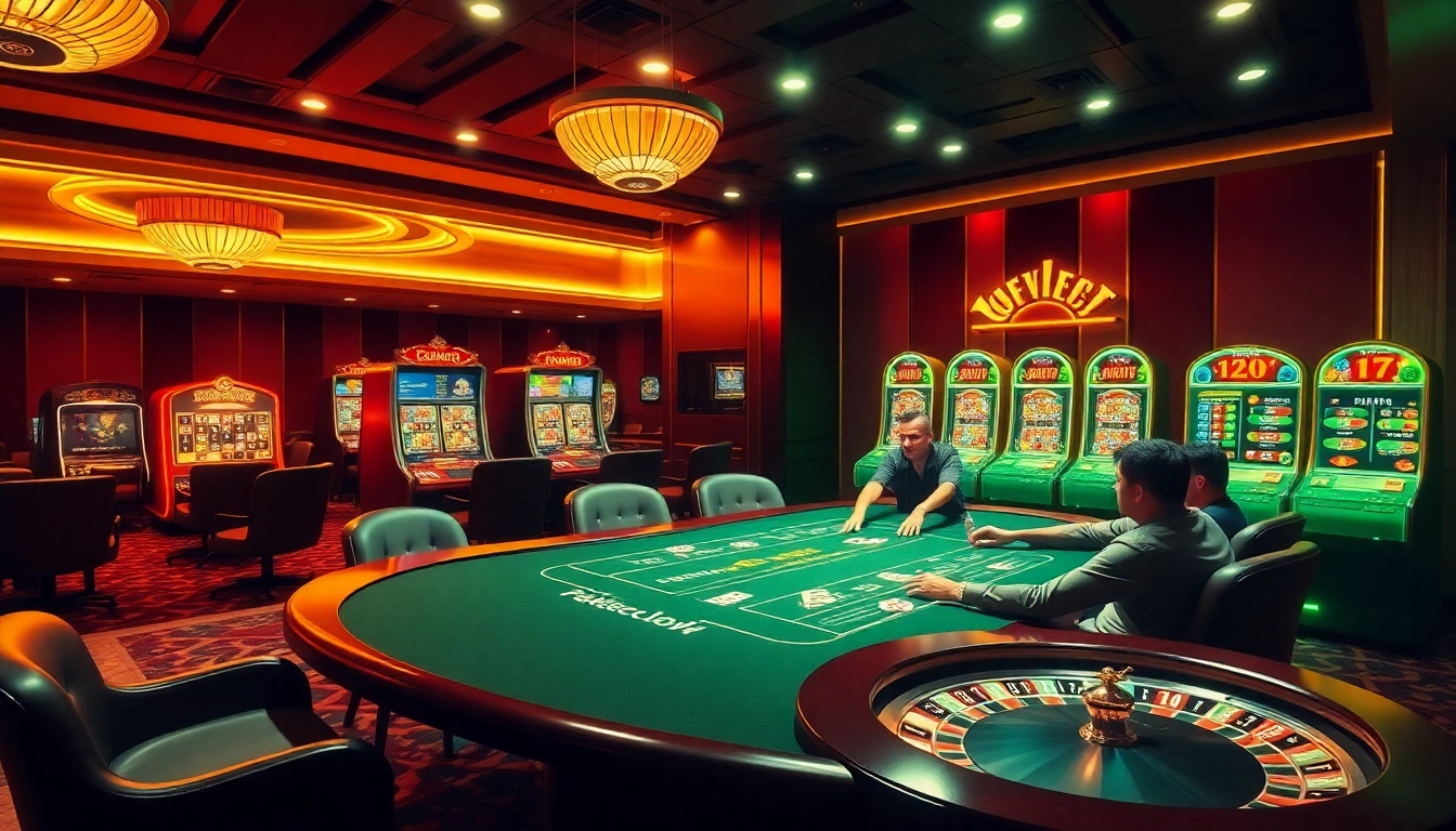 Engaging gamblers enjoying the excitement of online gaming at https://78win.dental/ with vibrant slot machines and poker tables.