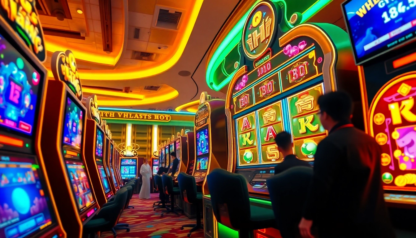 Nổ Hũ interactive online gaming scene with vibrant slot machine visuals and engaged players.