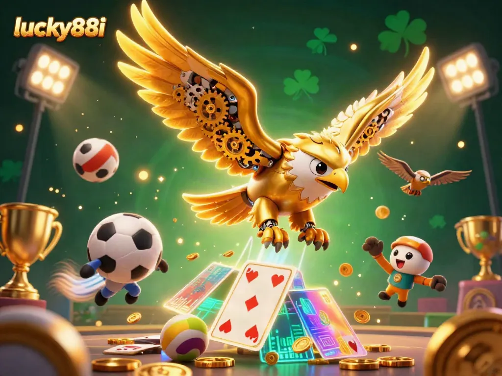 Engage with lucky88i through thrilling online gaming illustrated with a cybernetic eagle amidst vibrant casino elements.