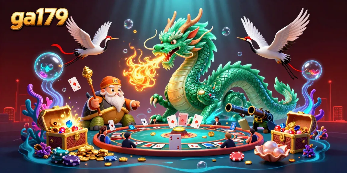 Experience the thrilling world of ga179 cockfighting with this dynamic illustration featuring a jade dragon and lucky cranes amidst casino action.