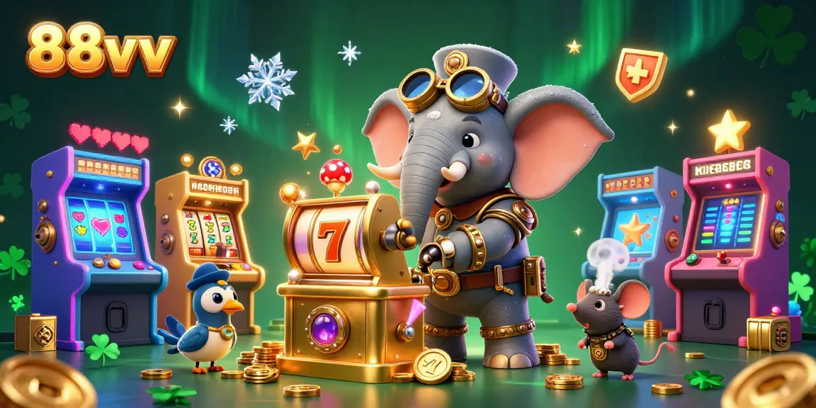 Engaging 88vv casino illustration showcasing steampunk-themed characters and vibrant slot machine action.