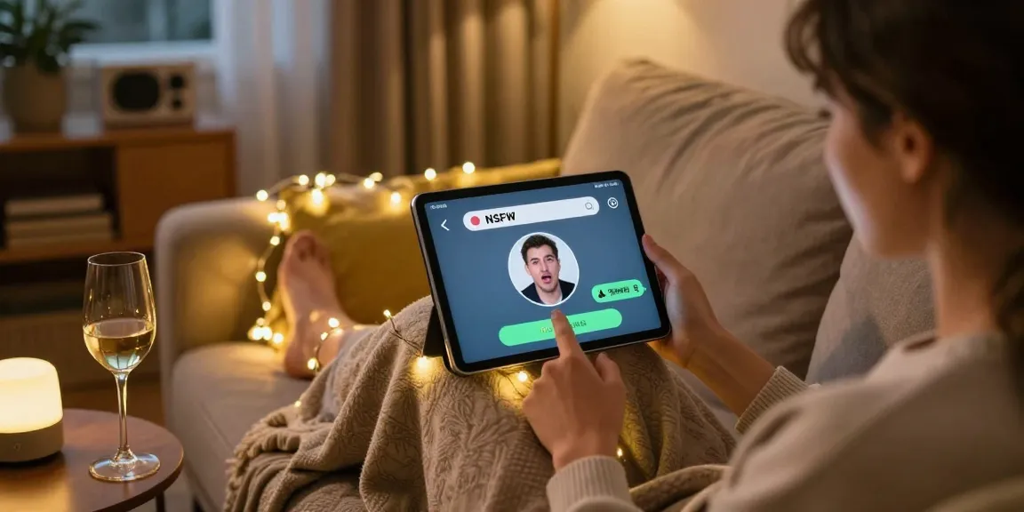 Engaging with a playful NSFW chat bot in a cozy home setting, showcasing a tablet and warm lighting.