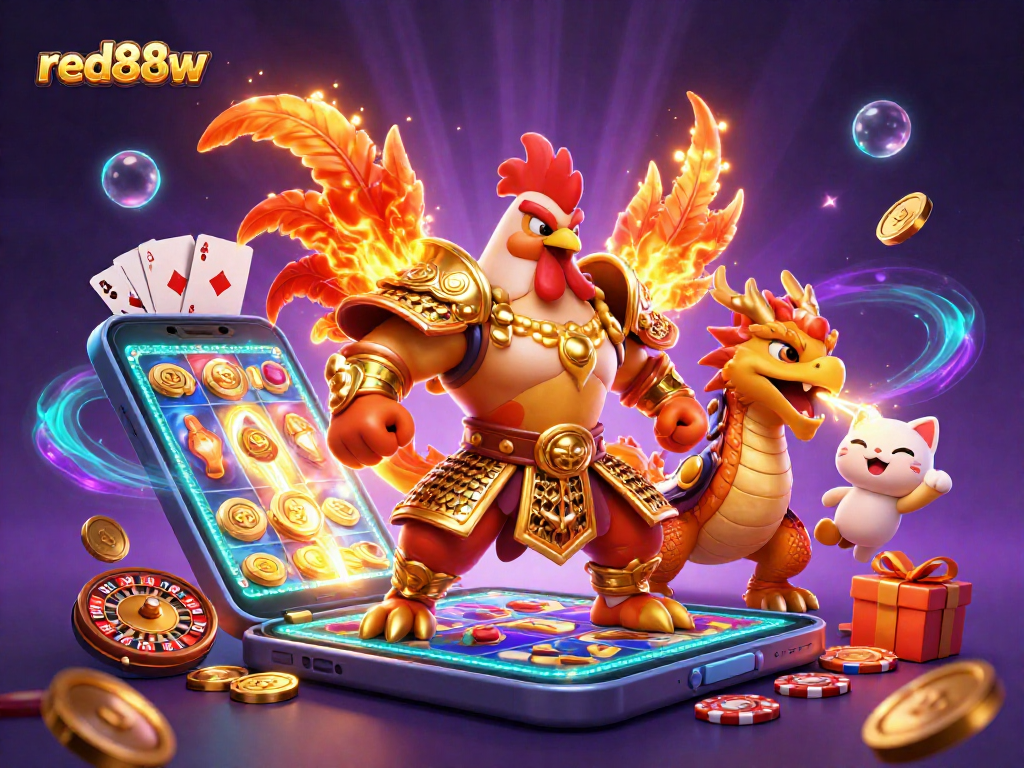 Engage in the thrilling world of red88w with a vibrant casino scene featuring dynamic characters and games.
