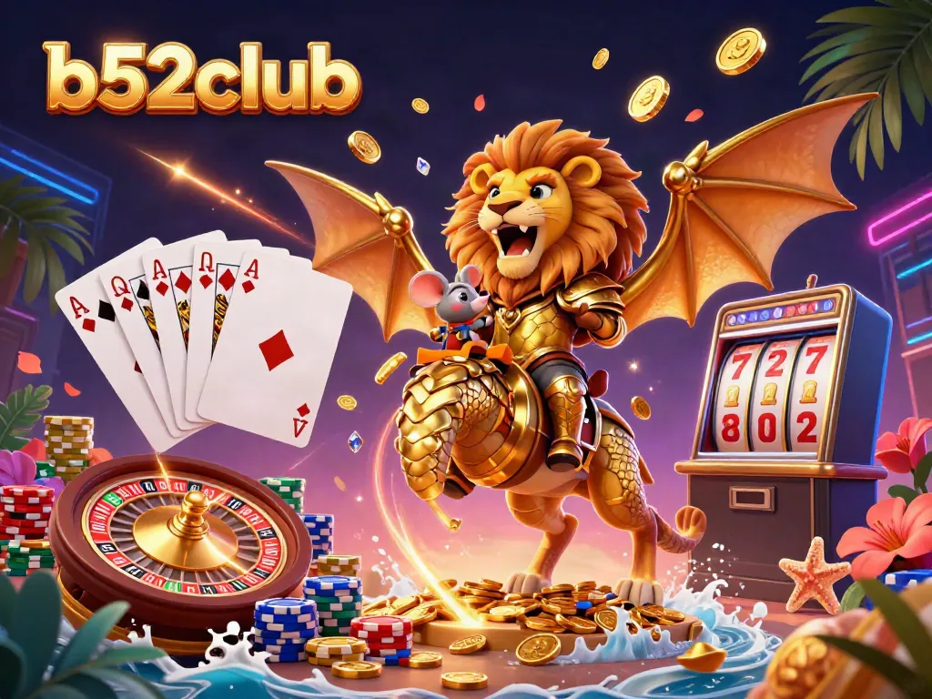 Experience the thrill of b52clubb with a vibrant 3D casino illustration showcasing a triumphant chimera and exciting game elements.