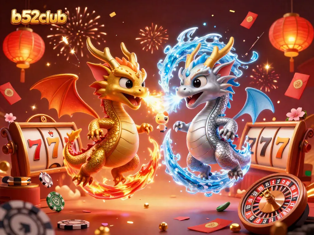 B52club players engage with exciting slot reels and dragons amidst vibrant gambling elements