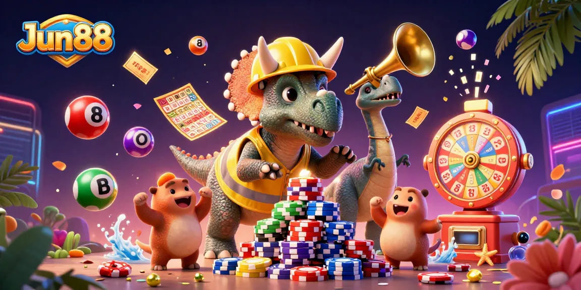 Experience Jun88's vibrant casino world with a lively illustration of triceratops and lottery elements.