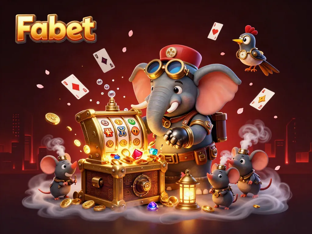 Engage with Fabet's premier gaming experience featuring a steampunk elephant and a vibrant casino atmosphere.