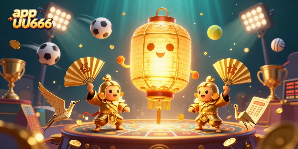 Bet and win using app UU666 with a dynamic illustration of Chinese-themed casino elements.