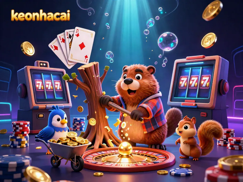 Collect coins with keonhacai in a vivid 3D cartoon scene filled with vibrant gambling elements.