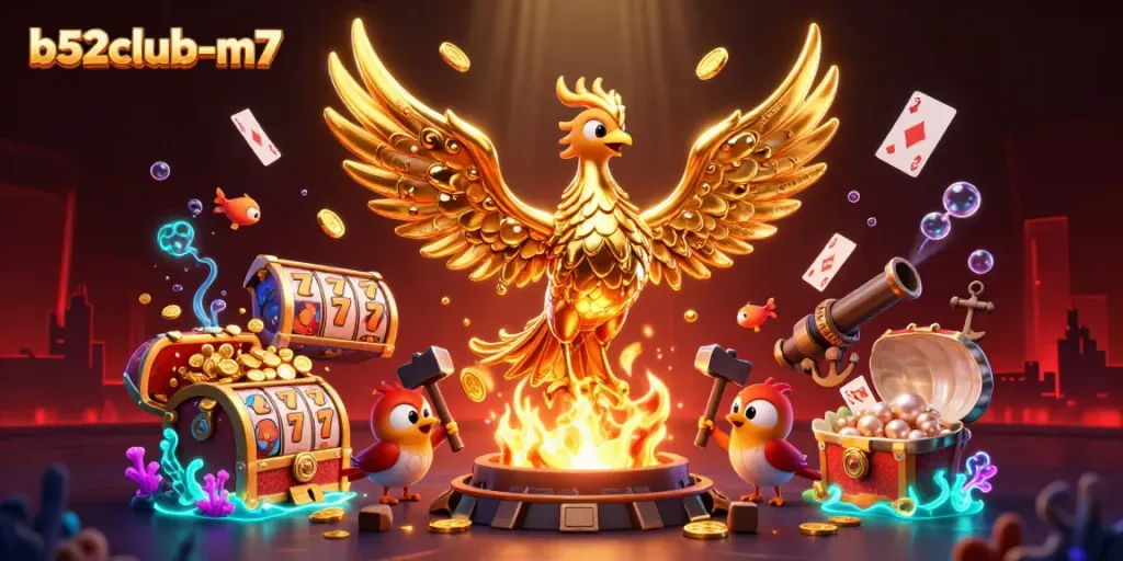 b52club-m7 celebrates the excitement of slots with rich visuals of a golden phoenix and vibrant game elements.