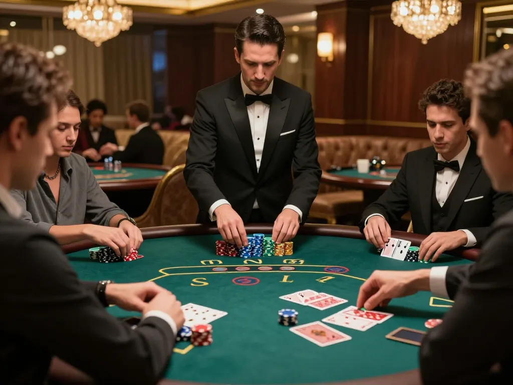 Players strategically betting at a blackjack table with chips stacked high, featuring the keyword sc888 for engaging gameplay.
